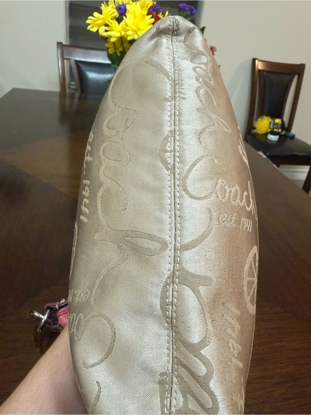 Coach Taupe Jacquard Hobo with Pink Trim